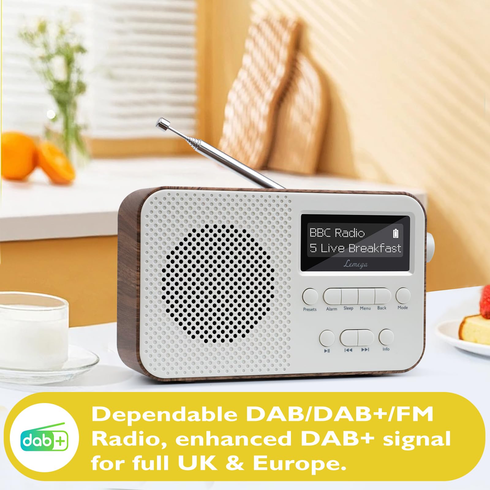 Digitalradio LEMEGA PR2 Max Dab/Dab+ mit Bluetooth 5.3,Tragbares UKW-Radio, Netzanschluss,Zwei Weckzeiten,Großem,Gut Lesbarem LED-Display,40 Préréglé und Kopfhöreranschluss (Nussbaum)