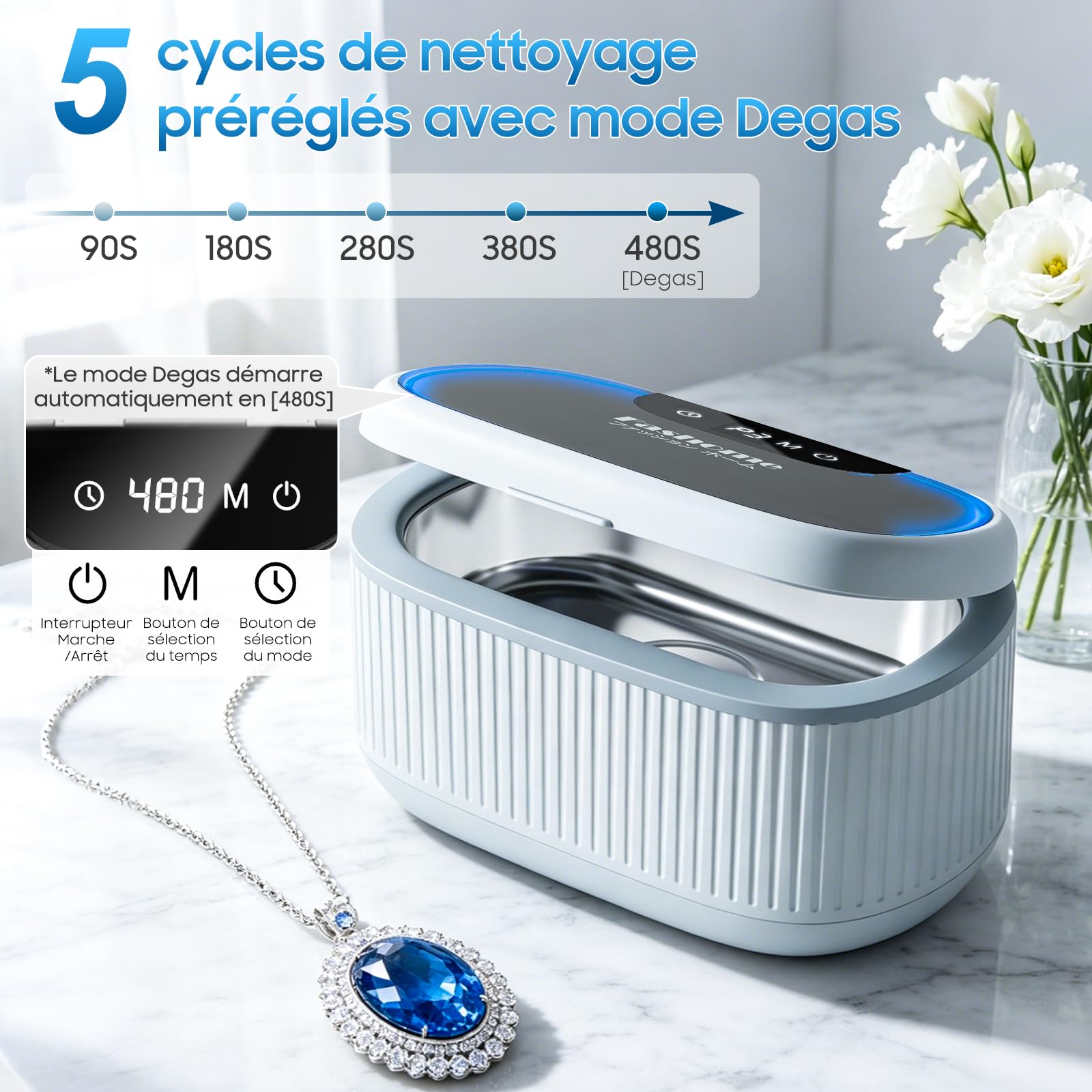 Fashome Nettoyeur Ultrasons 45KHz, 3 modes, cuve en acier inoxydable de 550 ml avec 2×100 ml de solution de nettoyage, adapté aux bijoux, lunettes, bagues, prothèses dentaires, élégant coffret cadeau