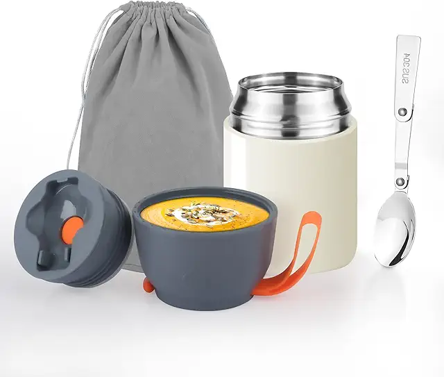 Boîte Isotherme Repas Chaud 450ml Acier Inoxydable avec Accessoires - Blanc Cassé