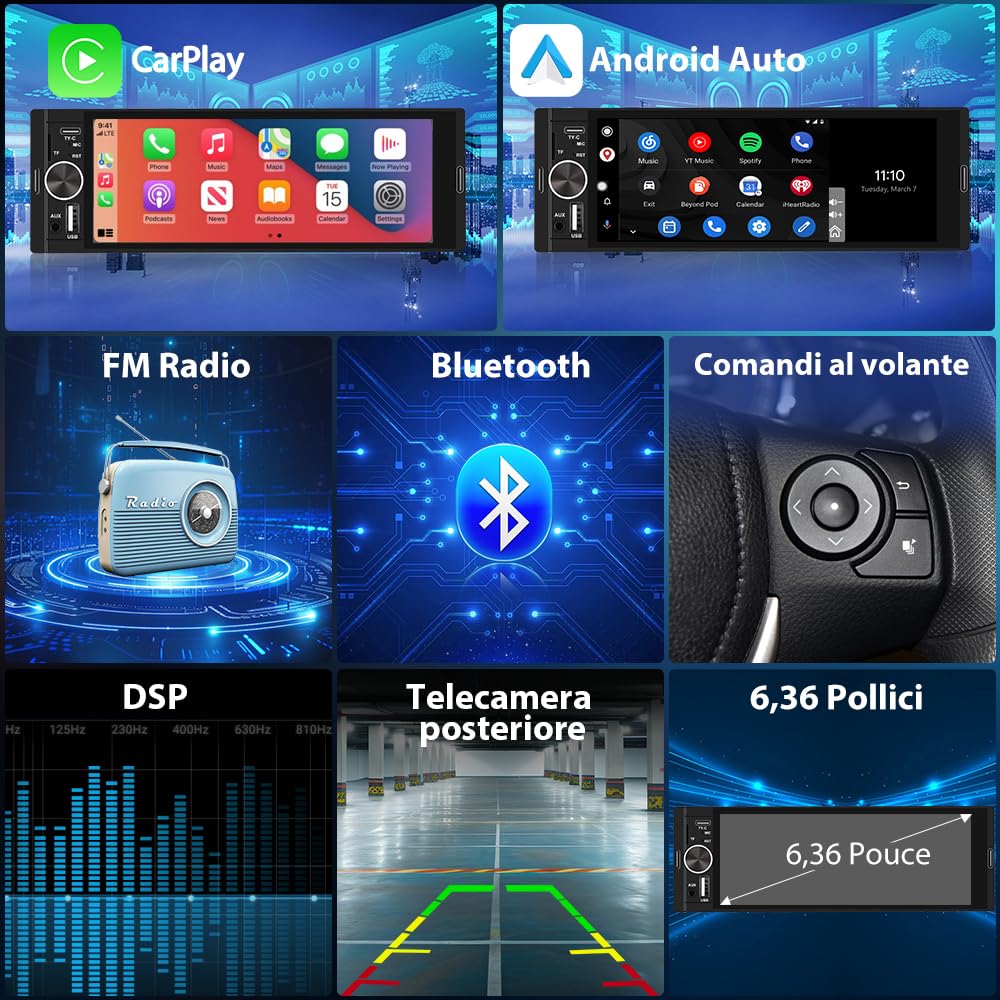 AWESAFE Autoradio 1 DIN con Schermo Inclusa la Telecamera posteriore | Car Radio con Wireless CarPlay Android Auto Bluetooth FM AUX Tipo-C