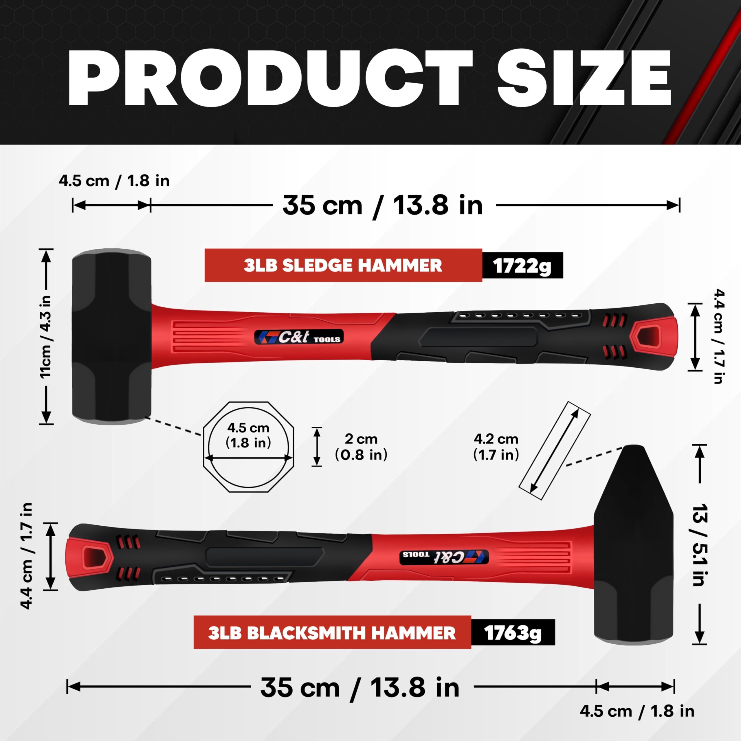 C&T Lot de 2 marteaux de 1,4 kg, marteau de forgeron et marteau de forgeron, mini luge, marteau à panne transversale, fibre de verre et poignée souple antidérapante, parfait pour la démolition, la