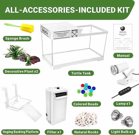 GOZILLA Turtle Tank Kit(Tank+Lamp+Filter), Upgrade PC Turtle Tank Starter Kit with Adjustable Lamp & Filter,Reptile Habitat with Lid,Hanging Platform for Small Reptiles.(19.68× 9.52× 9.44''/White Kit)
