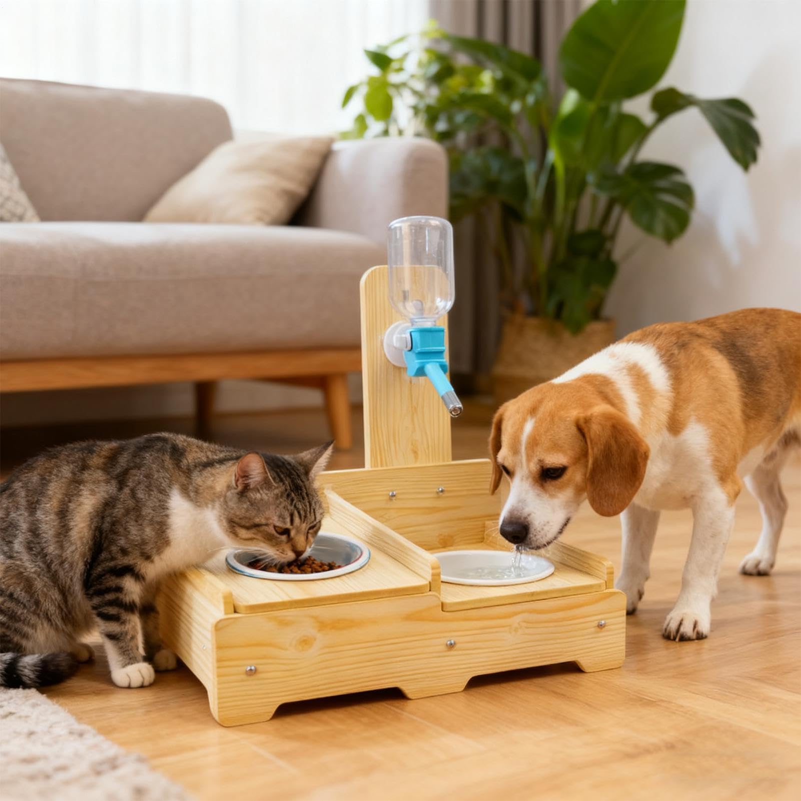 Bebedero para Perros Bebedero De Madera Con 2 Boles | Dispensador De Agua Y Comida Ajustable Felino Para Cachorro Gatito Animal Interior Hogar Balcón Apartamento Exterior