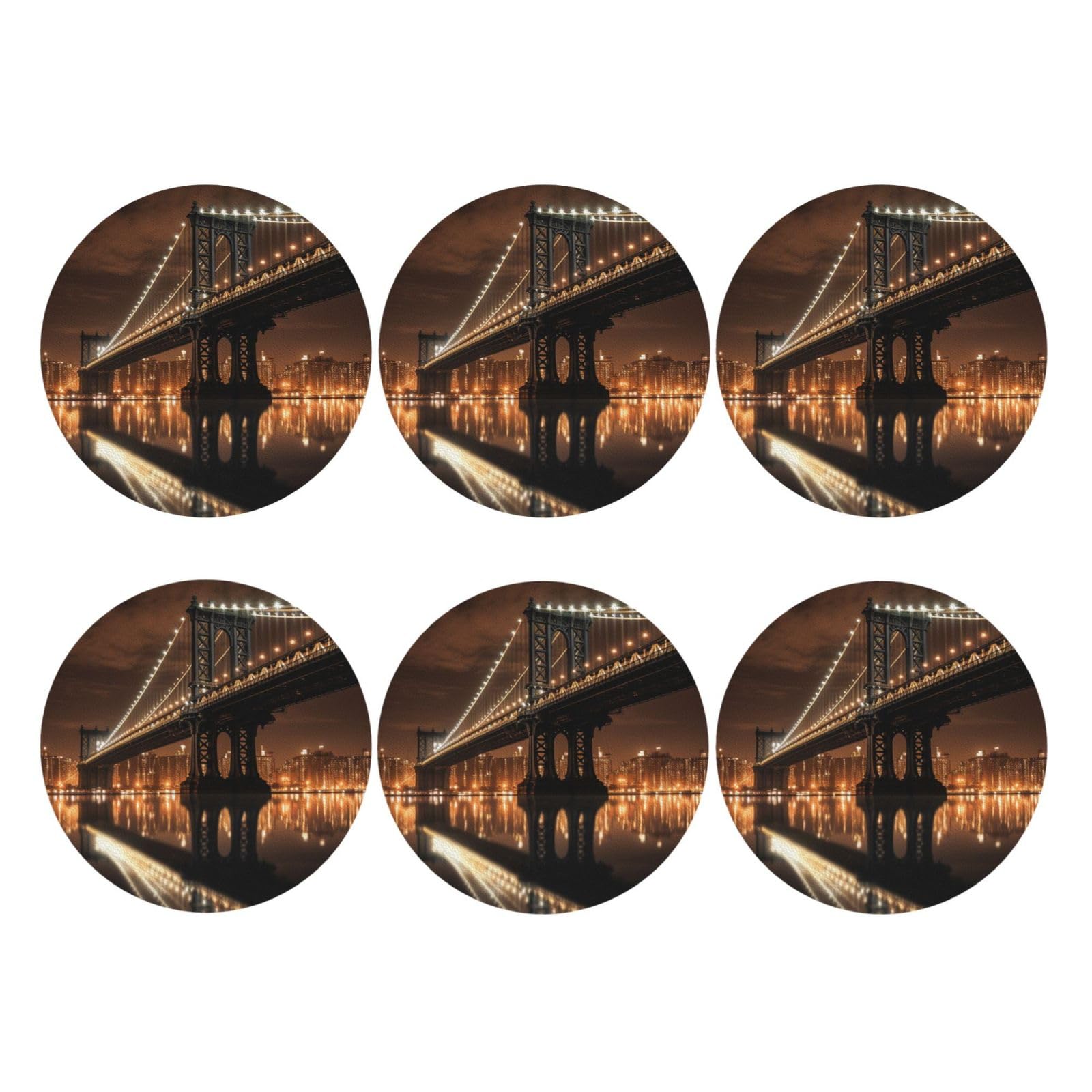 6pcs Leather Coasters for Drinks, New York Manhattan Bridge Night Drink Coasters for Tabletop Protection, 4" Cup Coasters for Coffee Table Decor, Non-Slip Drinking Cup Mat for Hot Or Cold Drink