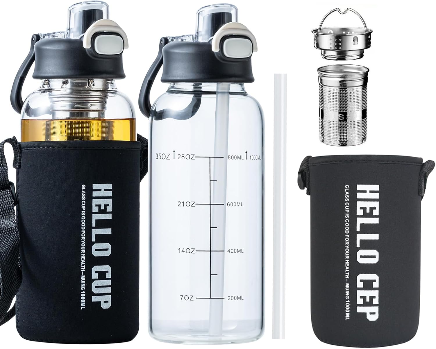 35oz Glass Water Bottle with Straw & Handle, BPA-Free Leakproof Glass Water Bottles with Stainless Steel Tea Strainer & Protective Sleeve for Travel, Gym, Home, Office (2PCS)