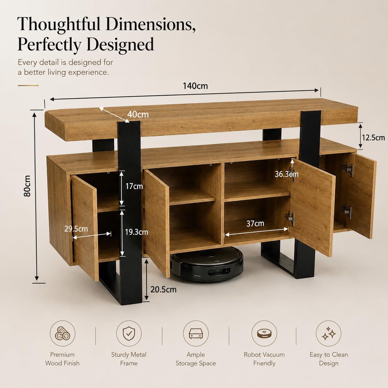 Mueble TV Alto (2 Paquetes) para TV de hasta 60 Pulgadas, Aparador Sideboard con Puertas, 140x40x80 cm, Cómoda para Comedor Entrada Pasillo, Efecto Roble y Negro