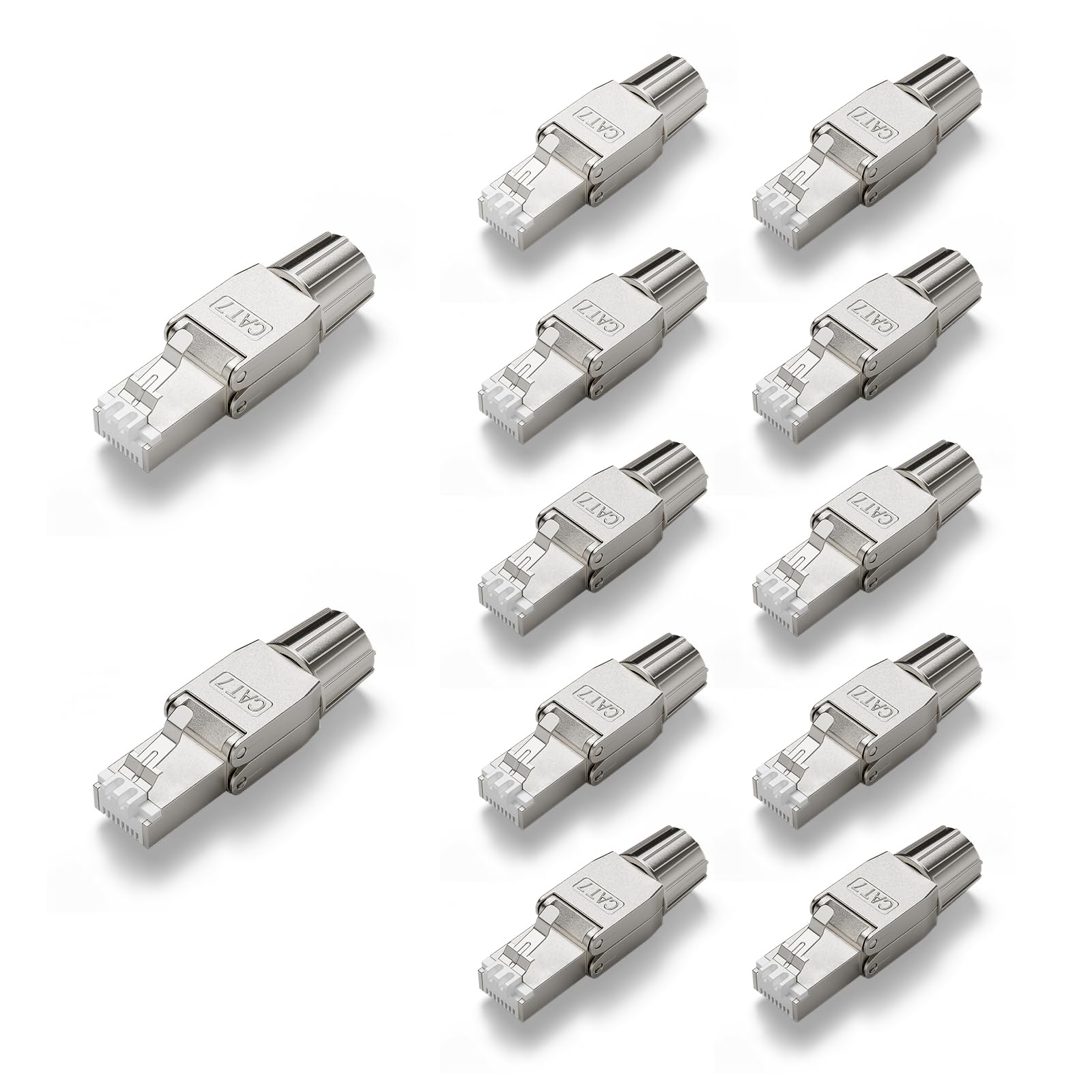 VCELINK RJ45 Stecker Cat7 Werkzeuglos, Geschirmt, PoE Kompatibel, Netzwerkstecker Cat7/Cat6a/Cat6, 10Gbps 600MHz, Metalllasche, für Heimnetzwerk Büro Passend, für 22-24AWG Kabel, 12 Stück