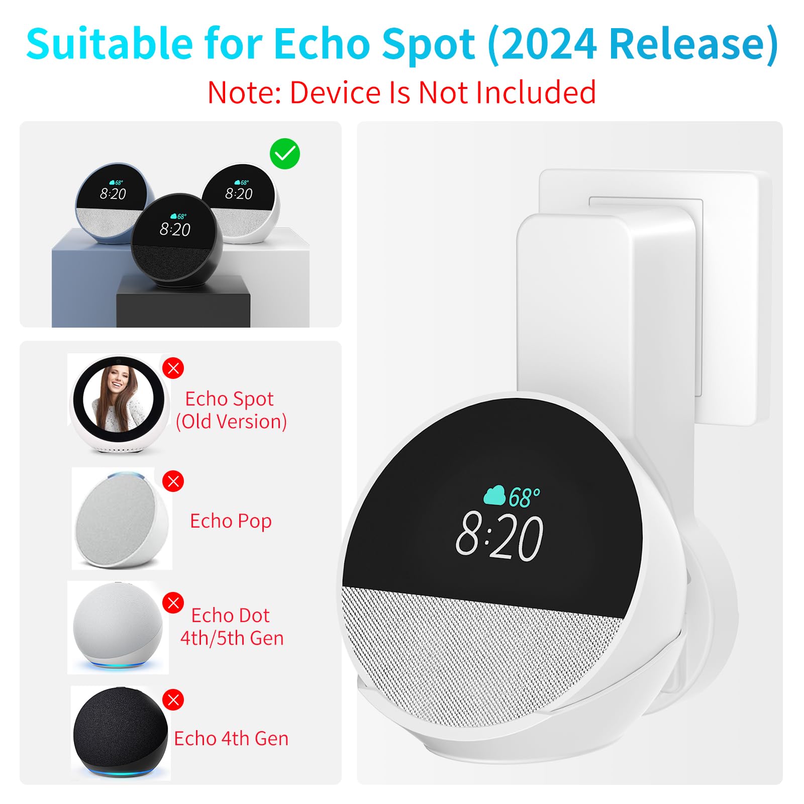ZUOLACO Wall Mount Holder for Echo Spot (2024 Release), Outlet Wall Mount Stand for Echo Spot, No Screws or Drilling Needed, Space-Saving Spot Accessories with Cable Hidden Storage(WL803), White