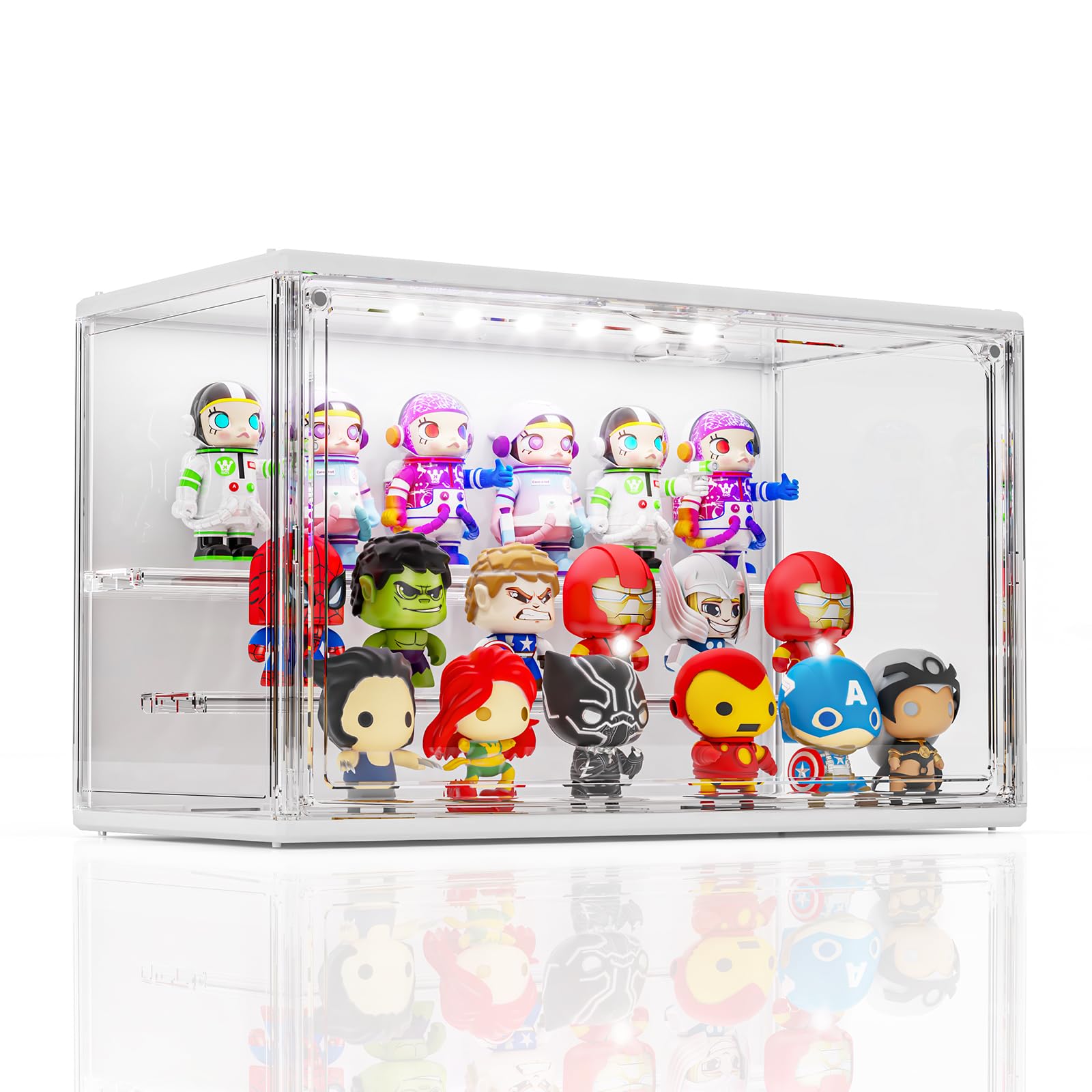 Acrylic Display Case for Collectibles with LED Light, 3 Layer Adjustable Figure Display Case with Magnetic Door, Lighted Display Box Stackable Clear