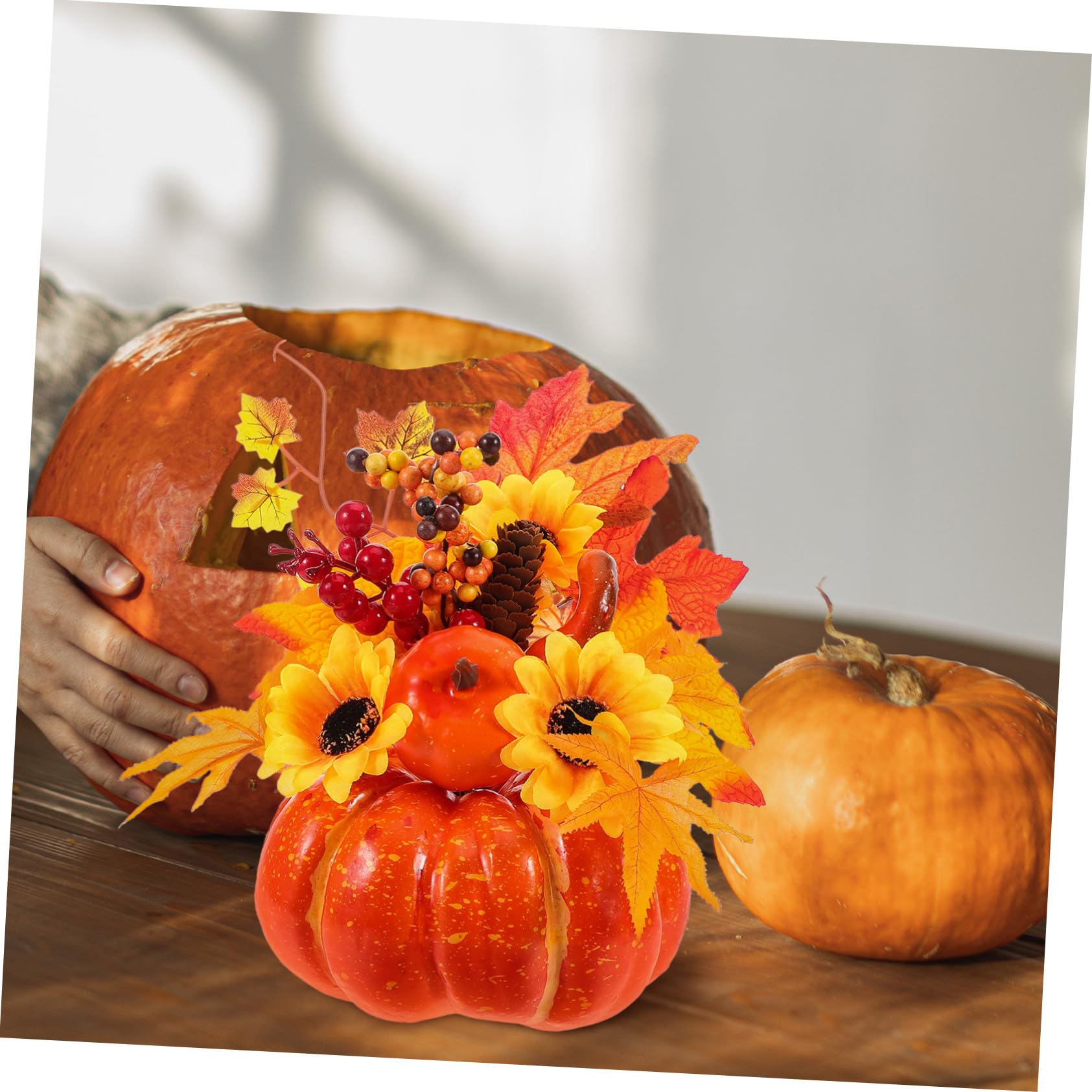 STOBAZA Decorazione Autunnale Zucca Finta Grande a Forma di Zucca Girasole Artificiale in Plastico Robusto e Salvaspazio per Festival di Autunno e Arredamento Casa