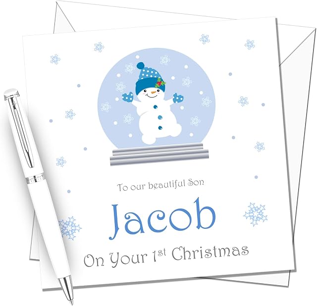 Snowboy in Snowglobe Personalised 1st Christmas Card - Card for new Baby, Son, Grandson, Brother, Nephew - Change Wording