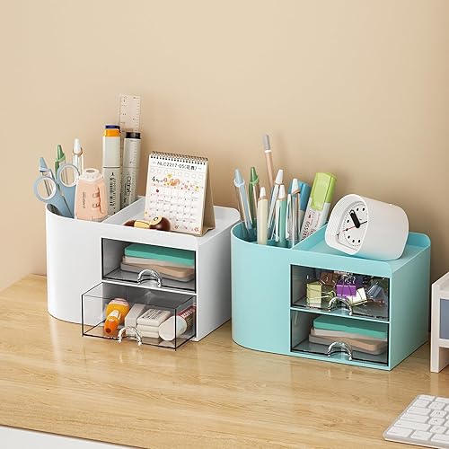 Miniatura 5 de Marbrasse Organizador de escritorio pequeño con cajón, caja de almacenamiento multifuncional para lápices, organizador de escritorio y accesorios
