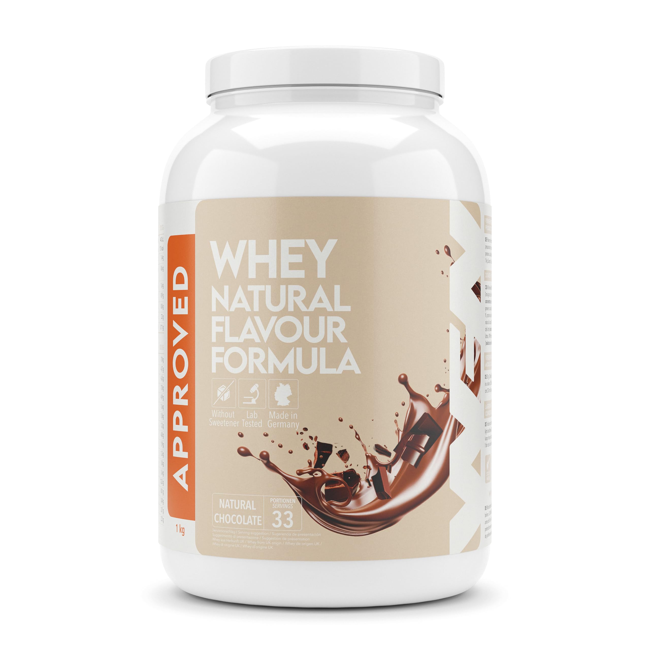 WFN Approved Whey Proteine in Polvere – Natural Chocolate – Senza Edulcoranti e Senza Zuccheri Aggiunti – 1 kg – Con Lattasi – Prodotto e Testato in Laboratorio in Germania