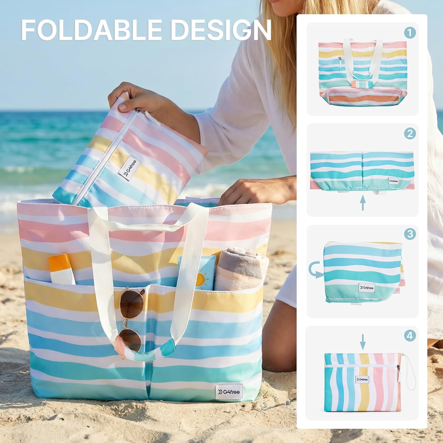 G4Free Beach Bags for Women Sandproof Foldable Beach Bag Tote with Waterproof Compartment Pool Travel