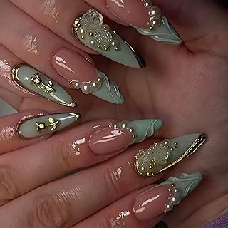 Green French Tips Press on Nails Long Almond Fake Nails with 5D Flower Design Rhinestones Pearl False Nails Glossy Gold Curve Dragon Rose Stick on Nail Handmade Nail for Women Girls Manicure 24Pcs