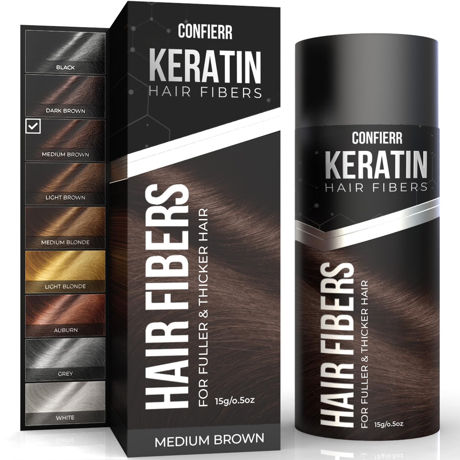 Keratin Hair Fibers for Men & Women – Fill In Fine or Thinning Hair, Instantly Thicker, Fuller Looking Hair (Medium Brown 15g)