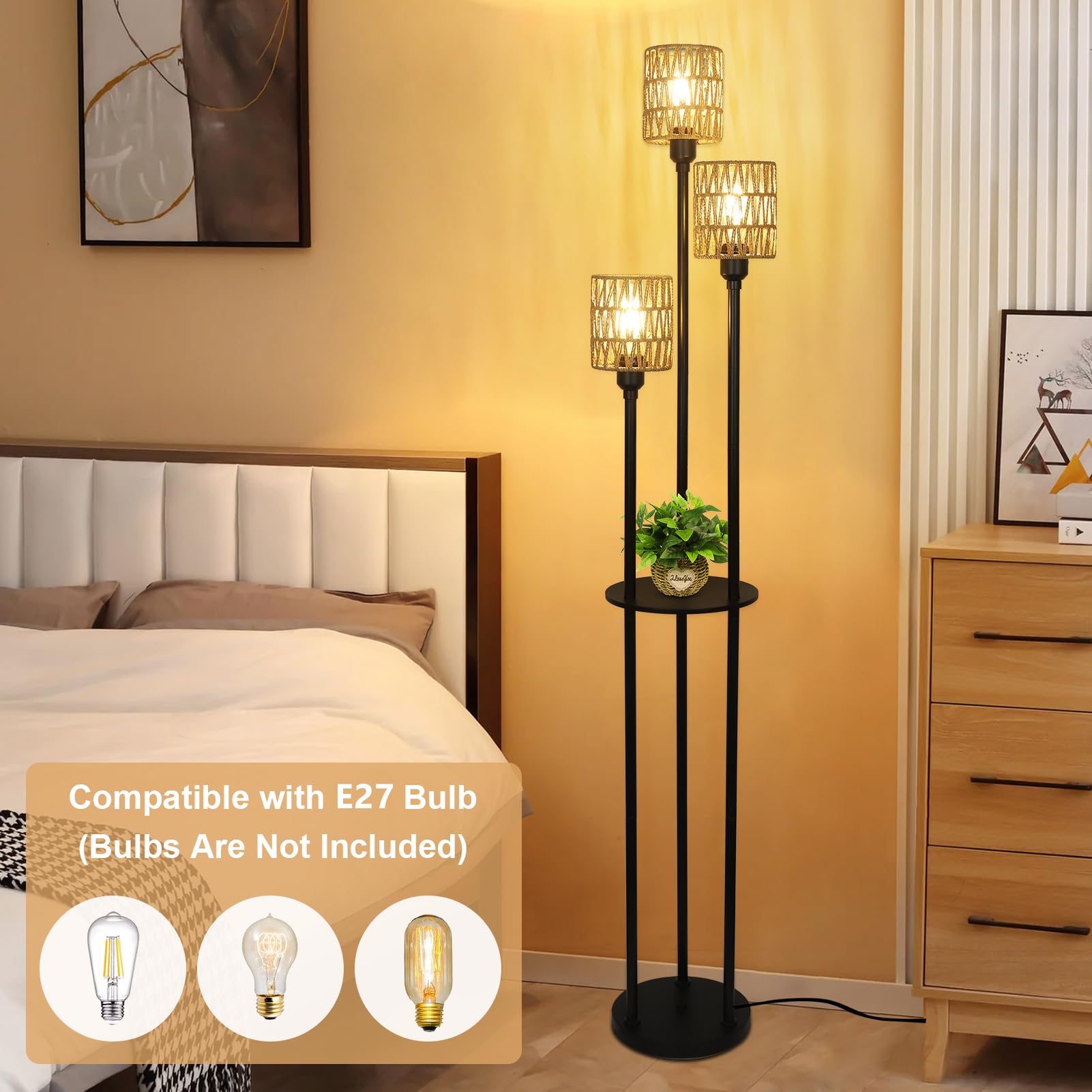 Rayofly Lámpara de Pie Boho de Ratán Con 3 Luces y Estante, Industrial Con Interruptor y Pantalla, Alta Para Salón Dormitorio Oficina
