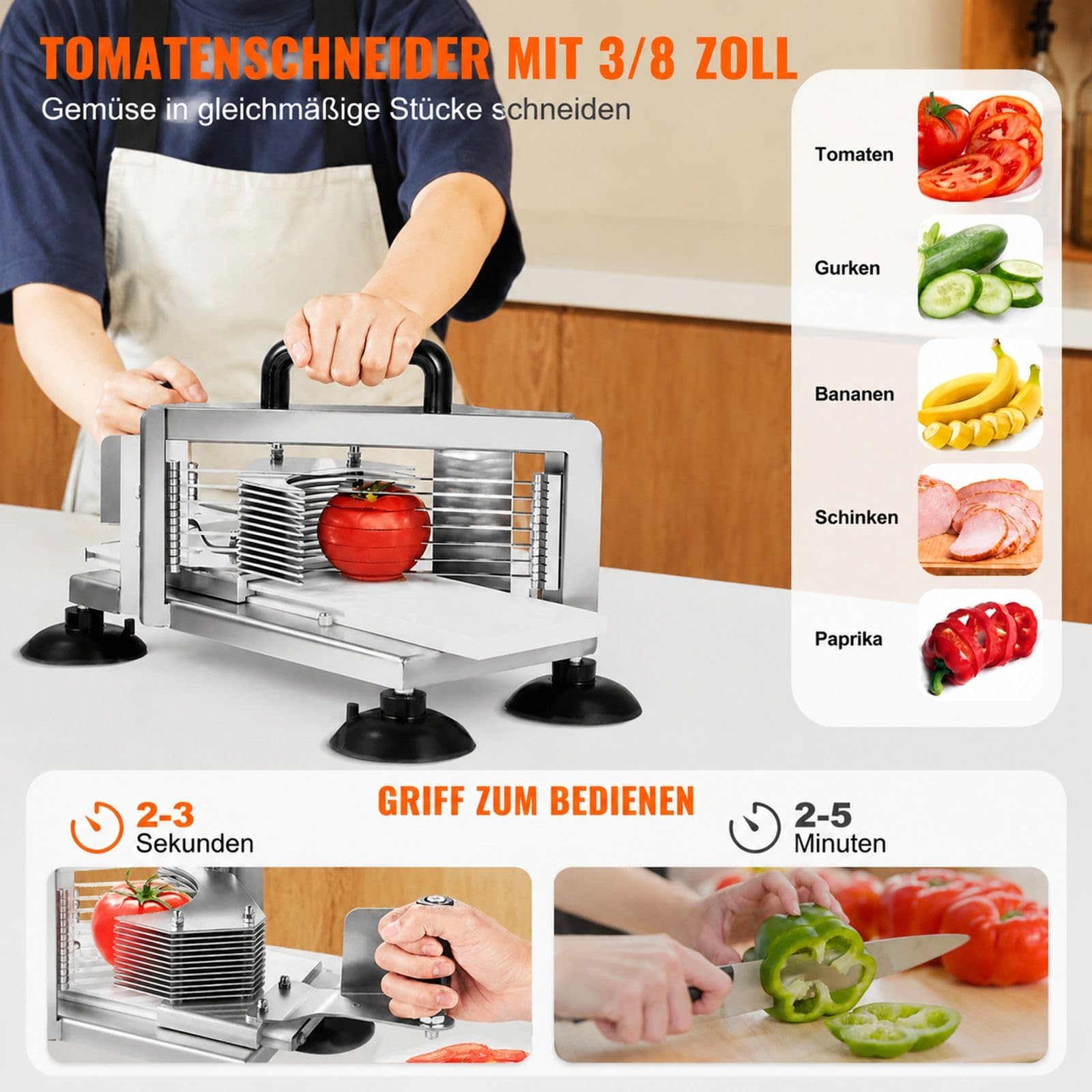 Kommerzieller manueller Tomatenschneider fuer Tomaten Gurken und Bananen aus Edelstahl mit rutschfesten Fuessen
