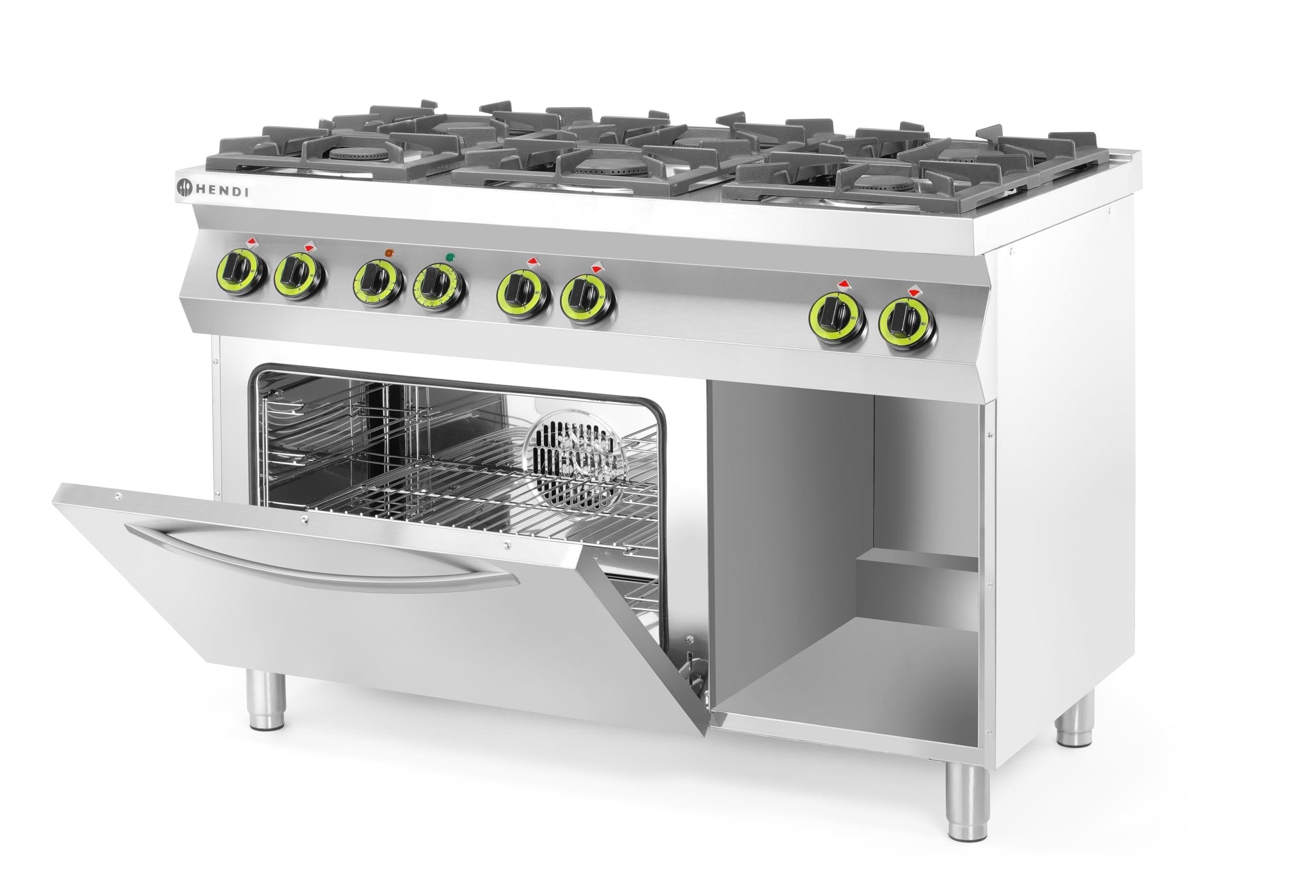 HENDI Fourneau à gaz professionnel avec 6 brûleurs (28,5kW) et four électrique à convection intégré GN 1/1, espace de rangement, pour gaz naturel (kit GPL inclus), 230V/3000W, 1200x700x(H)900mm, inox