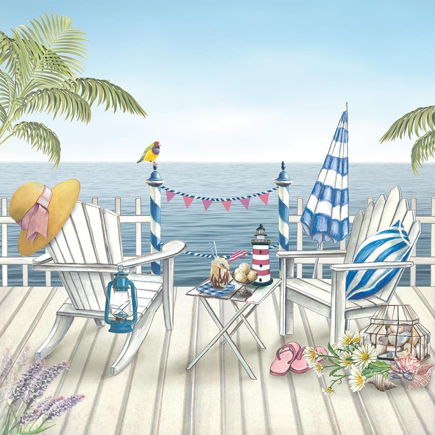 Sea View Lot de 40 serviettes de table en papier 3 plis, format cocktail de 12,7 x 12,7 cm, fournitures de fête côtière