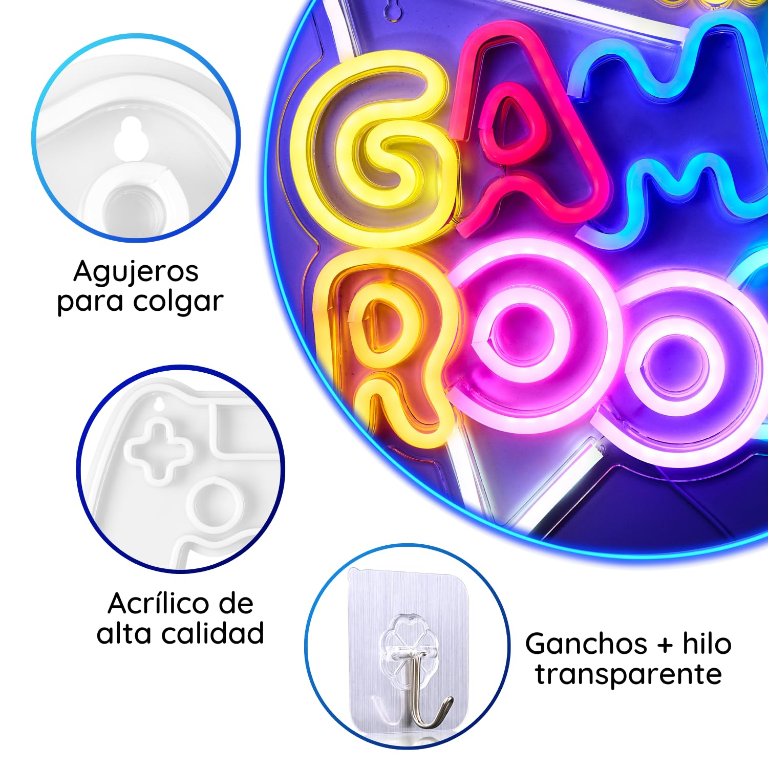 Neón LED Gaming - Game Room Luces Neon Decoración Habitación Pared Gaming, Letrero Neon Gamer Lampara Habitacion Juvenil Luz, Cartel Luminoso Decorar Setup. Conexión USB con Regulador.