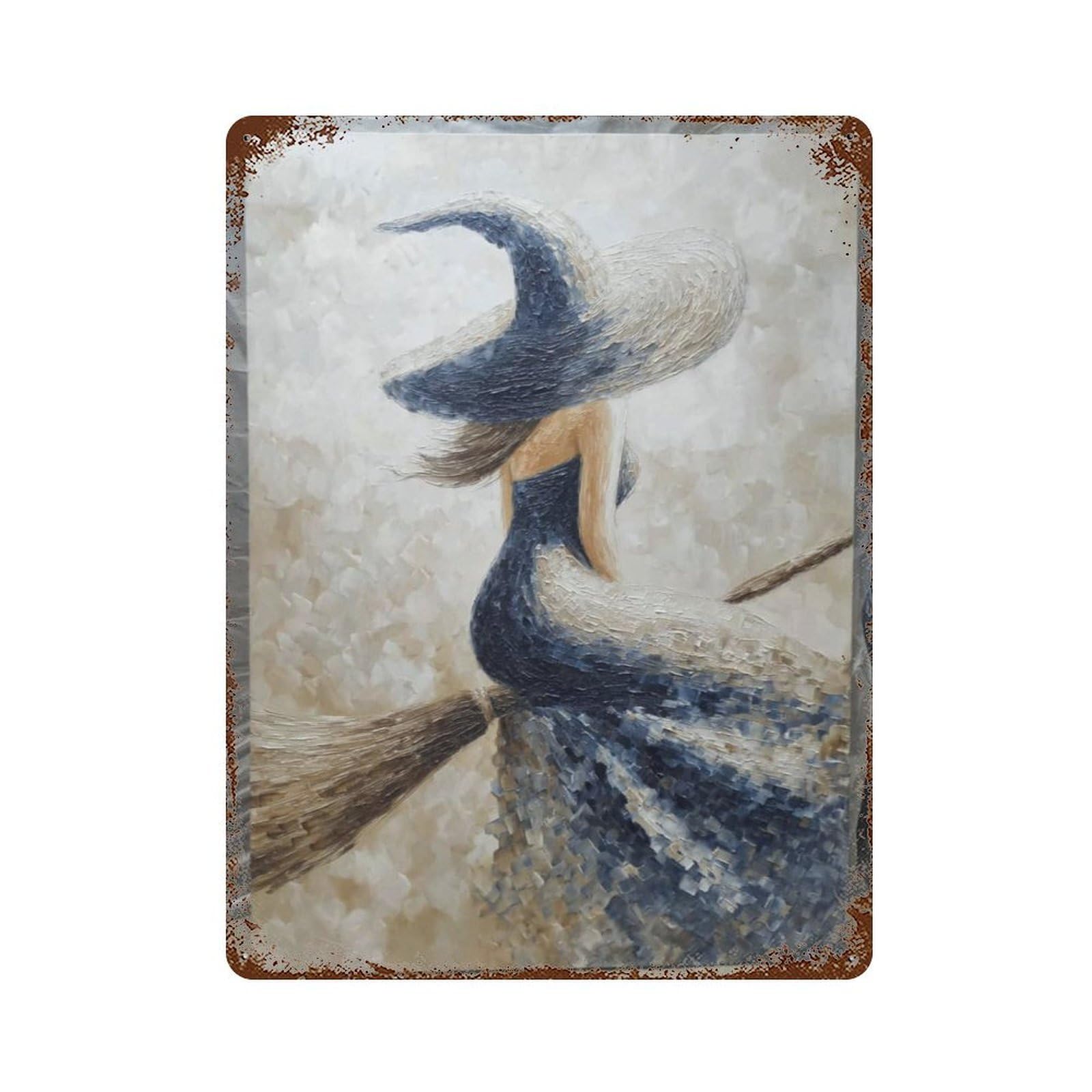 Witch on Broomstick Painting-3 Vintage Wall Sign 15.7"x11.8", Rust Effect Metal Decor for Farmhouse, Kitchen And Entryway Decor