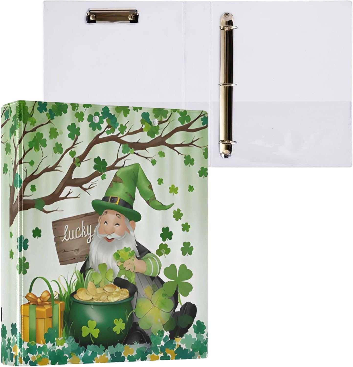 St. Patrick's Day Pixie 3 Ring Binders, 1.5” Round Ring Binders with Clipboard - Letter Size, 3 Interior PVC Clear Pockets & Anti-Slip Clip for Office School Supplies, 2PCS