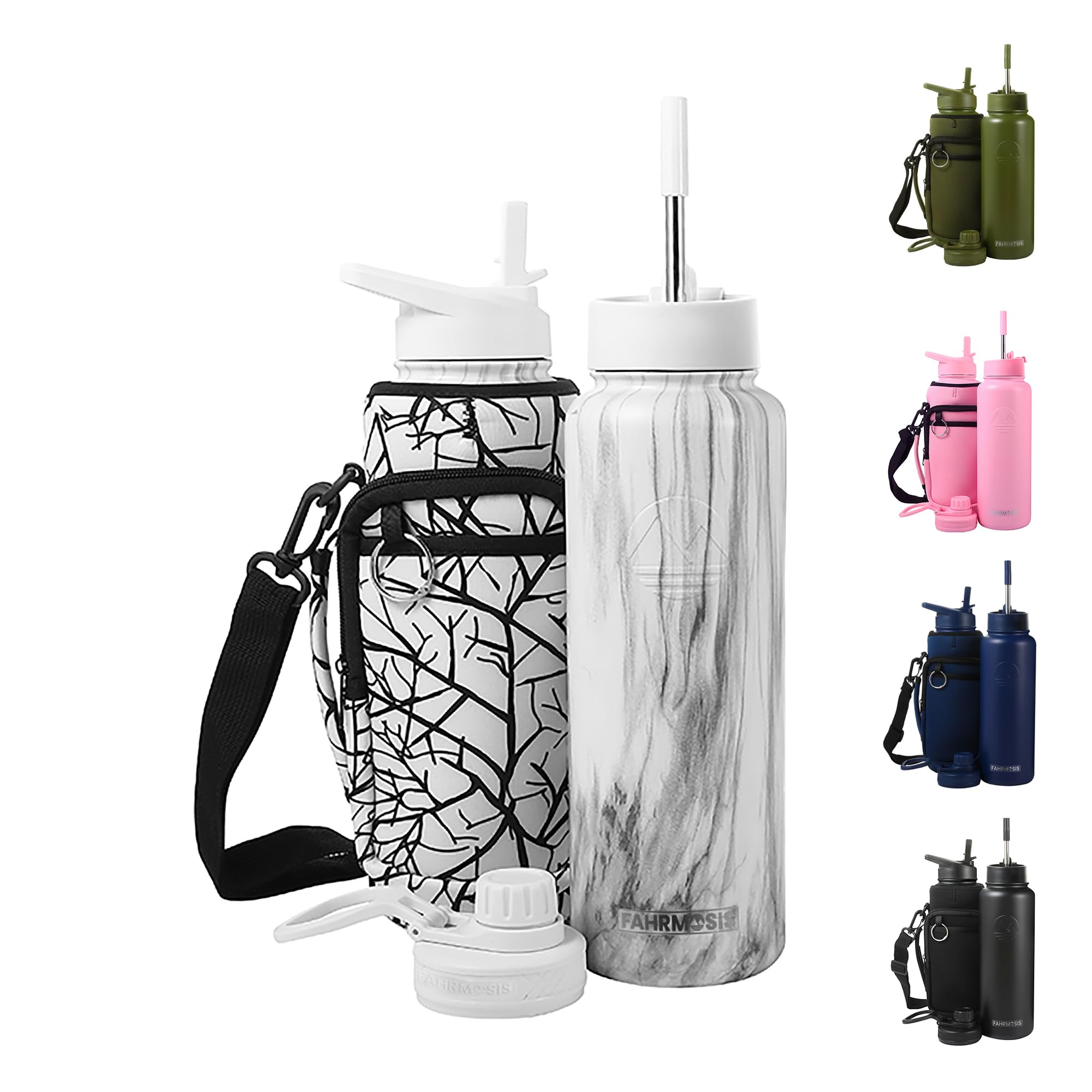 FAHRMOSIS 40 Oz Water Bottle with Strap Stainless Steel Sports Water Bottle with 3 Lids (Straw, Chug and Flip Lid) Insulated Leak Proof Metal Jug for
