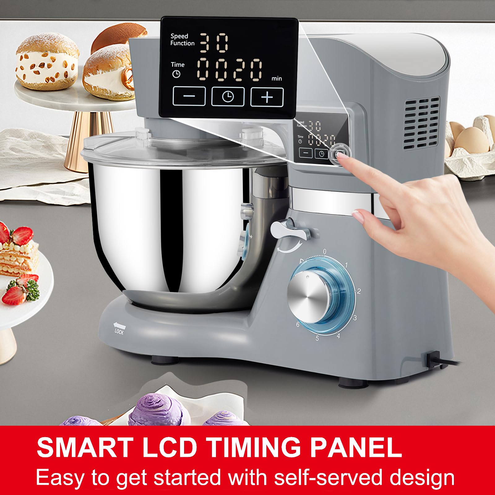 Happybuy 660W Stand Mixer, 6-Speed Electric Dough Mixer with LCD Timer, Tilt-Head 5.8 Qt Stainless Steel Bowl, Dough Hook & Whisk, Gray