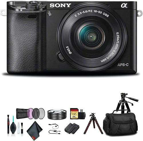 Sony Alpha a6000 - Cámara sin espejo con lente de 0.630-1.969 in, color negro con bolsa suave, batería adicional, tarjeta de memoria de 64 GB,