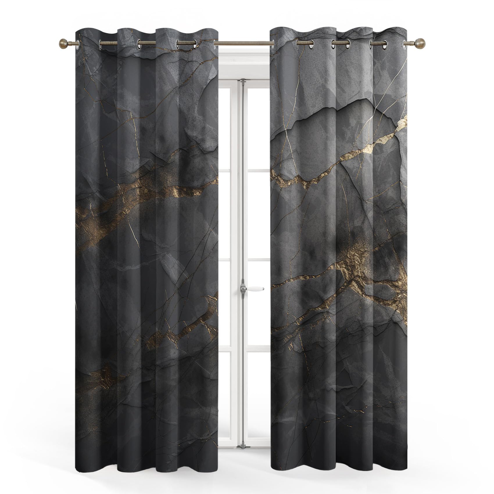Generisch Schwarz Gold Marmor Vorhänge Wohnzimmer, Verdunklungsvorhänge Moderne Abstrakt mit Ösen, Vorhang Blickdicht mit Muster, Gardinen für Wohnzimmer Deko 2er Set, H 175 X B 140 cm B-G5