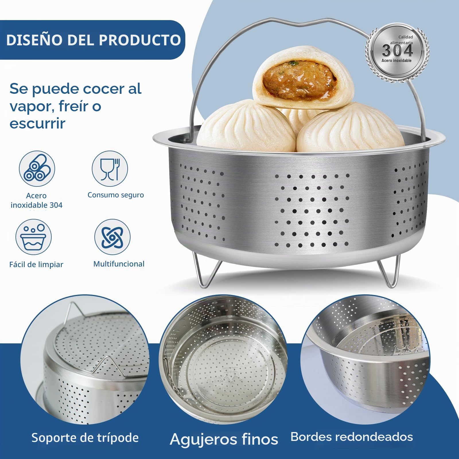 Cesta Vaporera Inoxidable 304 Multiusos 20 CM para Verduras, Huevos y Pescado