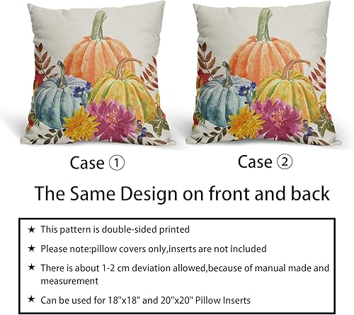 Miniatura 6 de Sweetshow Juego de 2 fundas de almohada otoñales de 20 x 20 pulgadas, color verde azulado, amarillo, naranja, calabaza, flores, hojas, Acción de