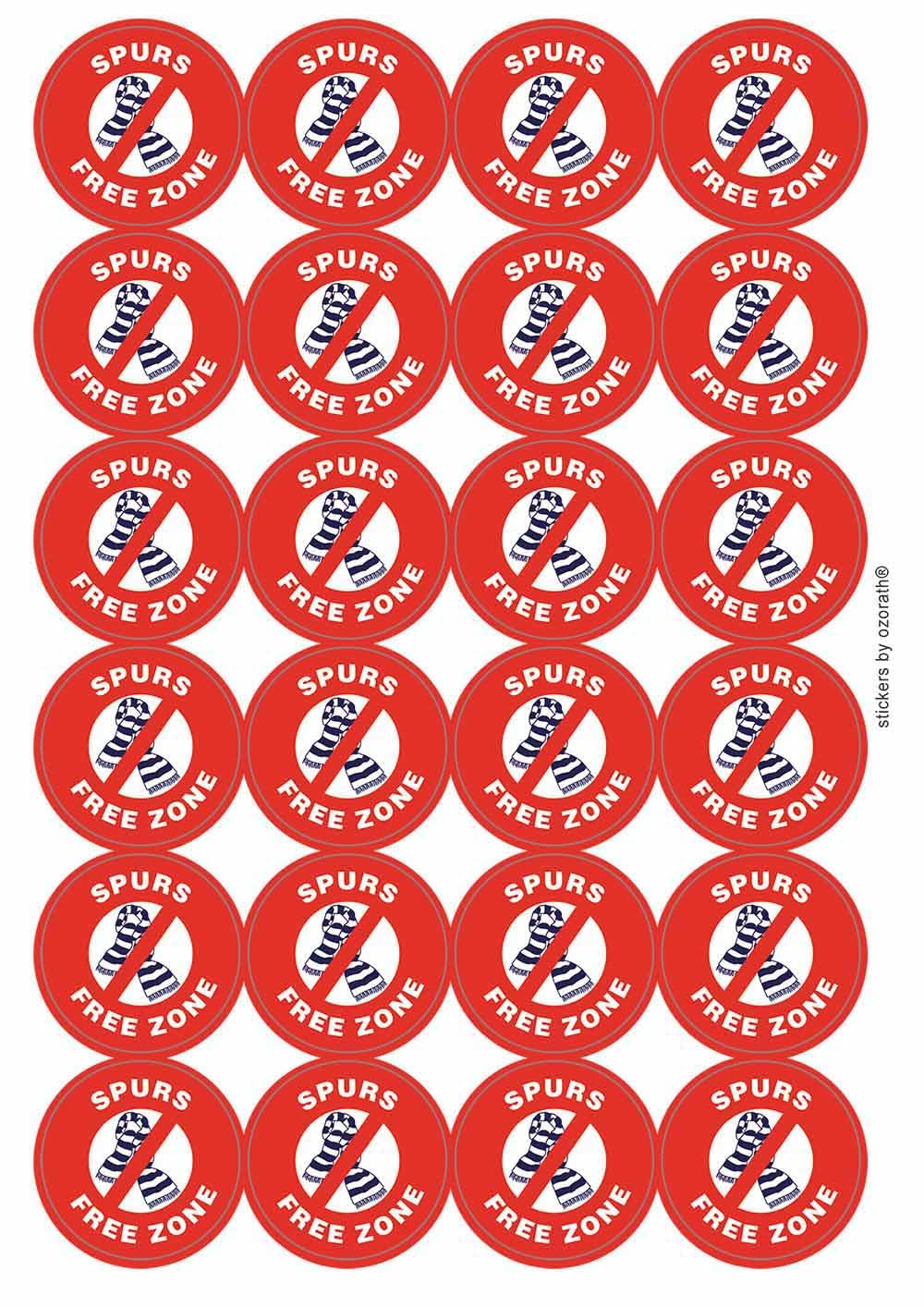 Spurs Free Zone Funny Joke Novelty Circular Matt Paper Stickers A4 Sheet of 24 (Each Sticker is 45mm Diameter)