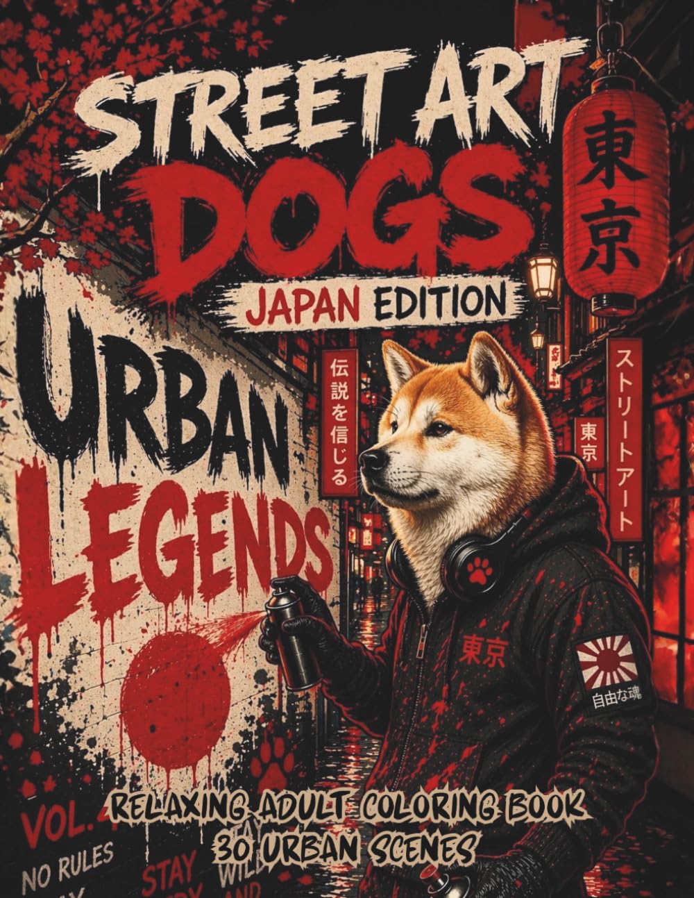 Street Art Dogs Coloring Book for Adults: Japan Edition: Tokyo, Kyoto & Osaka Graffiti Dog Designs for Adults – Shiba Inu, Akita & More in Neon Streets, Sakura Scenes & Stress Relief Coloring Book