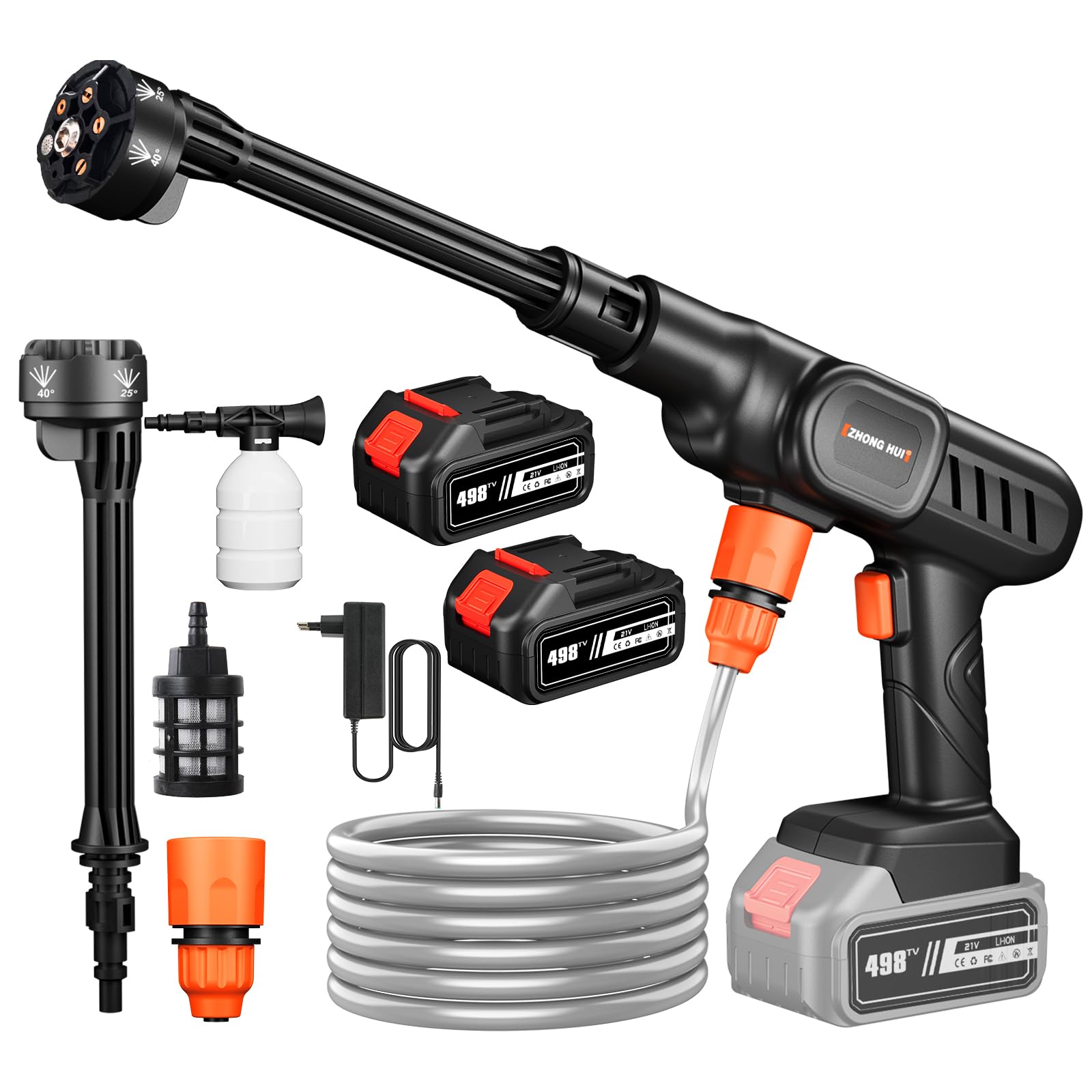 Hidrolimpiadora Bateria, 21V Máx 60Bar Hidrolimpiadora de Alta Presion, Press & Clean Pistola Lavado, Manguera de 5M, Boquilla Ajustable 6 en 1, Jarra de Espuma (con 2 baterías de 6000 mAh)