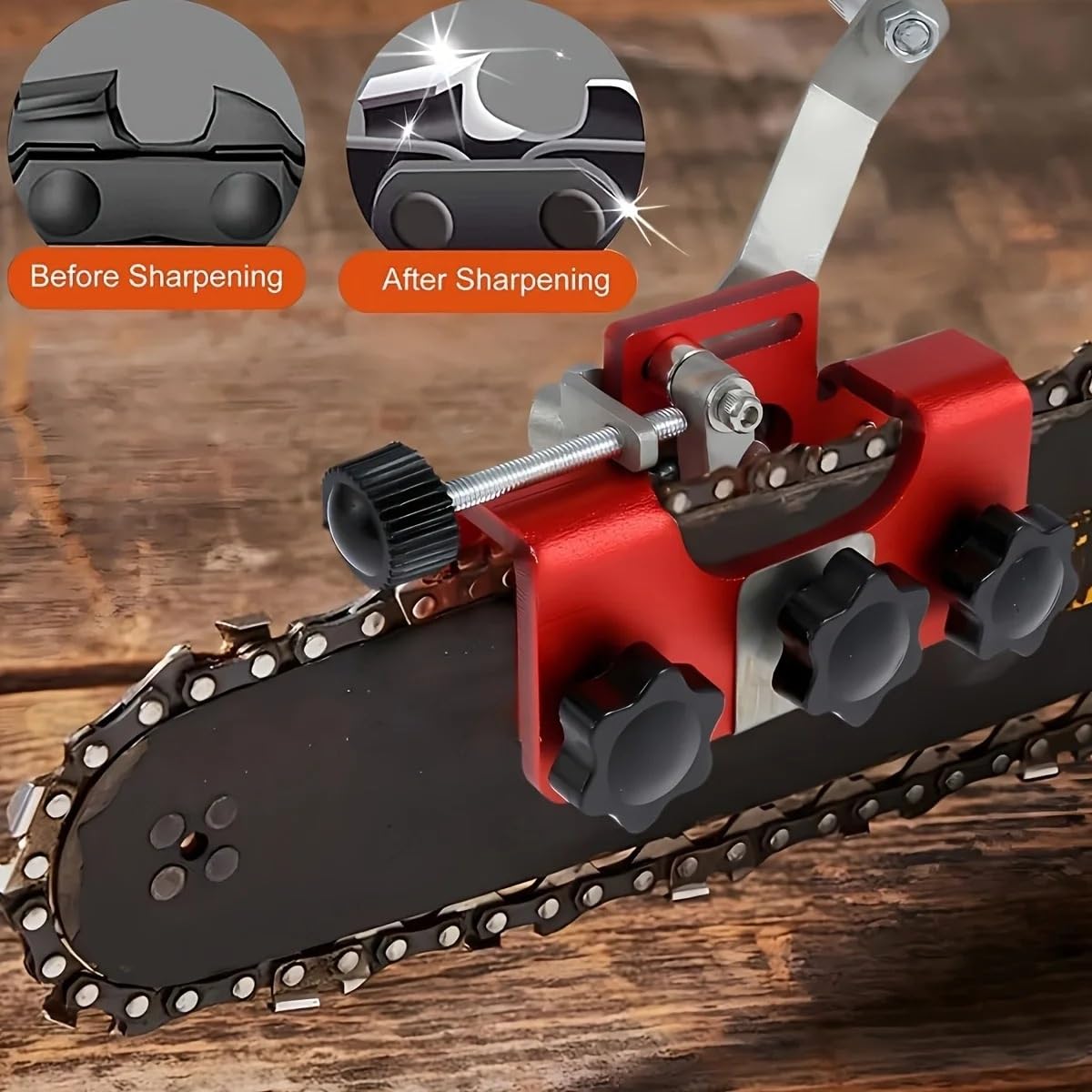 Kit de afilado de motosierras 5 en 1 con plantilla de manivela manual y 5 piedras | Afilador portátil for motosierras eléctricas/de gasolina de 8" a 22"(Gold)