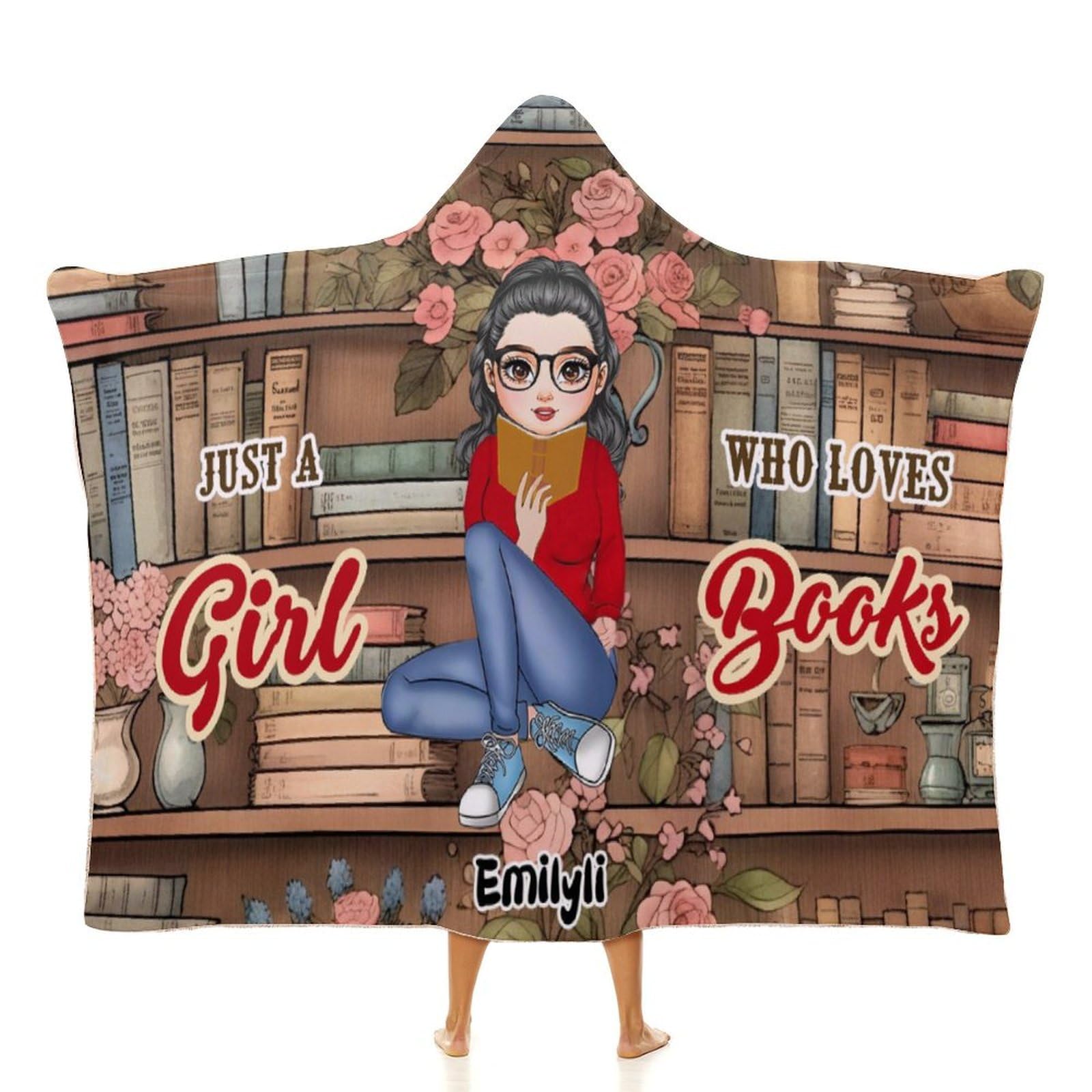 NOONATIVE Just a Girl Who Loves Books Hooded Blanket,Custom Reading Book Wearable Throw Blanket with Name Portrait,Gift for Book Lovers Women Readers Bookworms Librarians