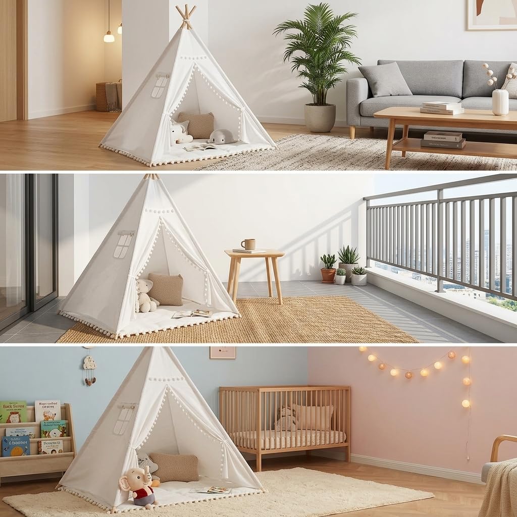 Tipi Zelt für Kinder Indoor aus Canvas und Holz – Gemütliches Spielzelt für Kinderzimmer mit Pompons als Kinderzimmer Deko