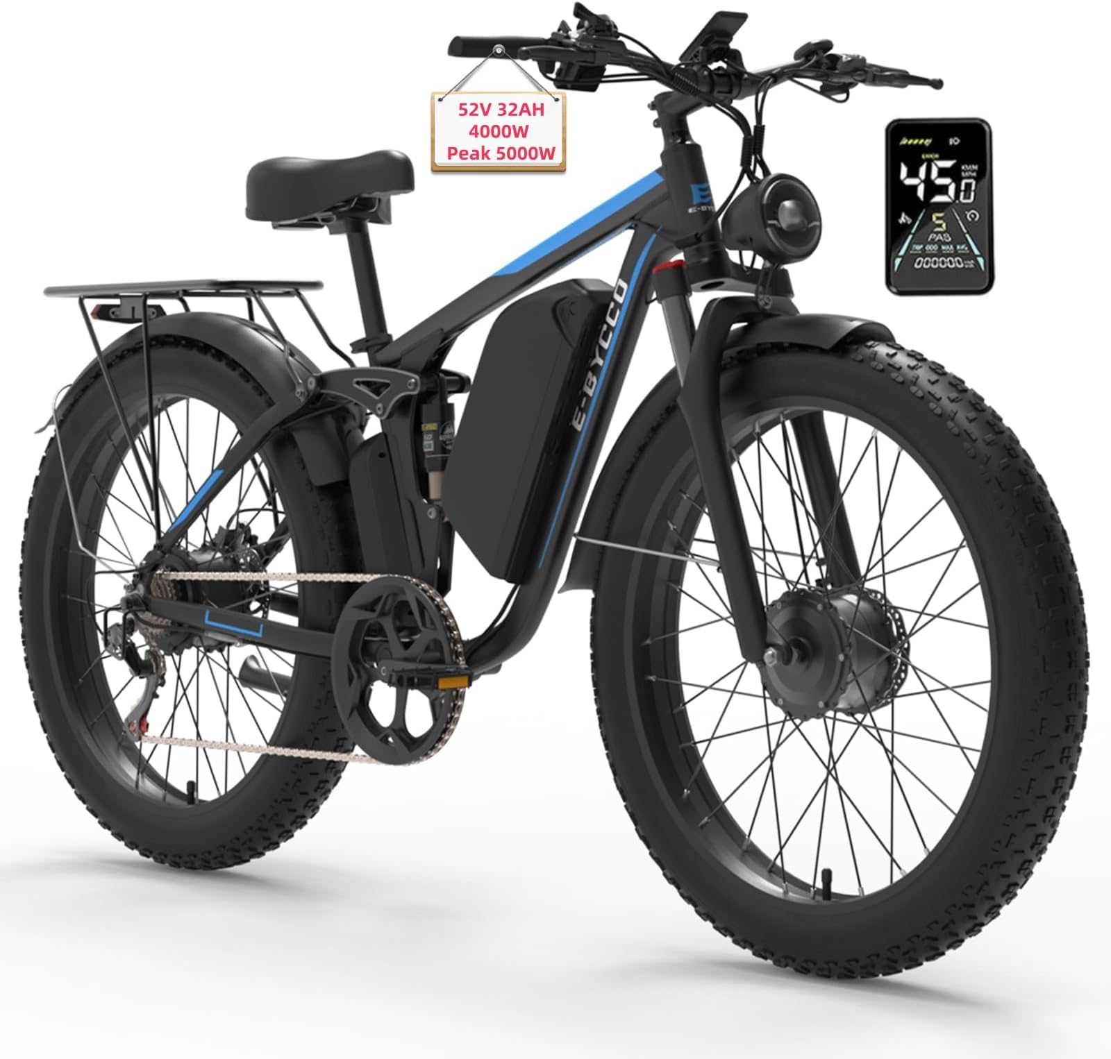5000W Dual Motor Electric Bike for Adults, 52V 32AH, Up to 90Mile & 45MPH E-Bike Fat Tire Full Suspension 24/26 Inch Electric Bicycles Hydraulic Disc Brakes for Mountain Hunting Commuting
