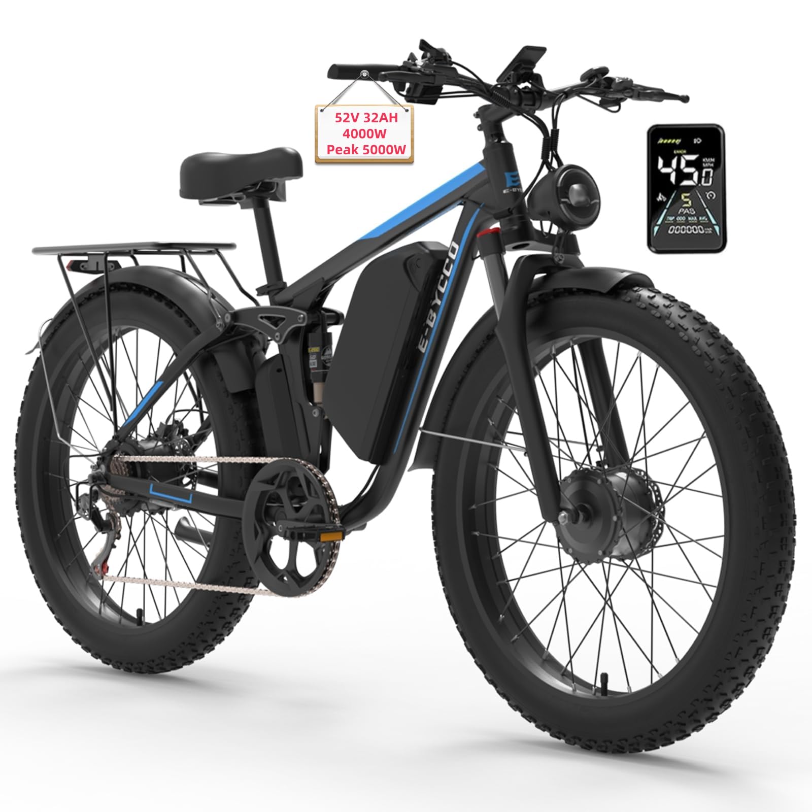 4000W Peak 5000W Dual Motor Electric Bike for Adults, 24/26 Inch, 52V 32AH, Up to 90Mile & 45MPH E-Bike Fat Tire Full Suspension Electric Bicycles Hydraulic Disc Brakes for Mountain Hunting Commuting