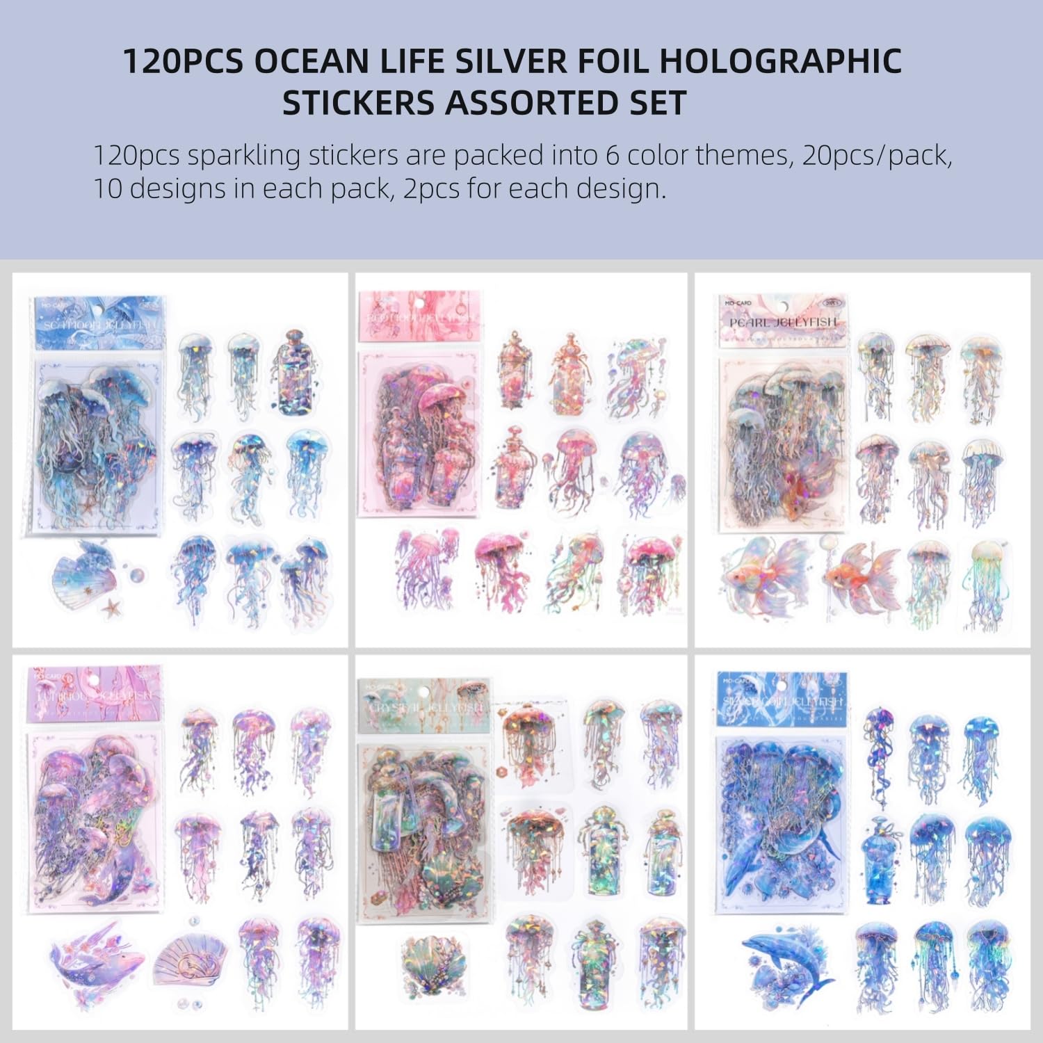 120 szt. fantazyjnych brokatowych srebrnych naklejek foliowych, 6 sztuk, oceaniczne życie, wodoodporne holograficzne naklejki do scrapbookingu, pocisków, dzienników, mieszanych mediów, projektów
