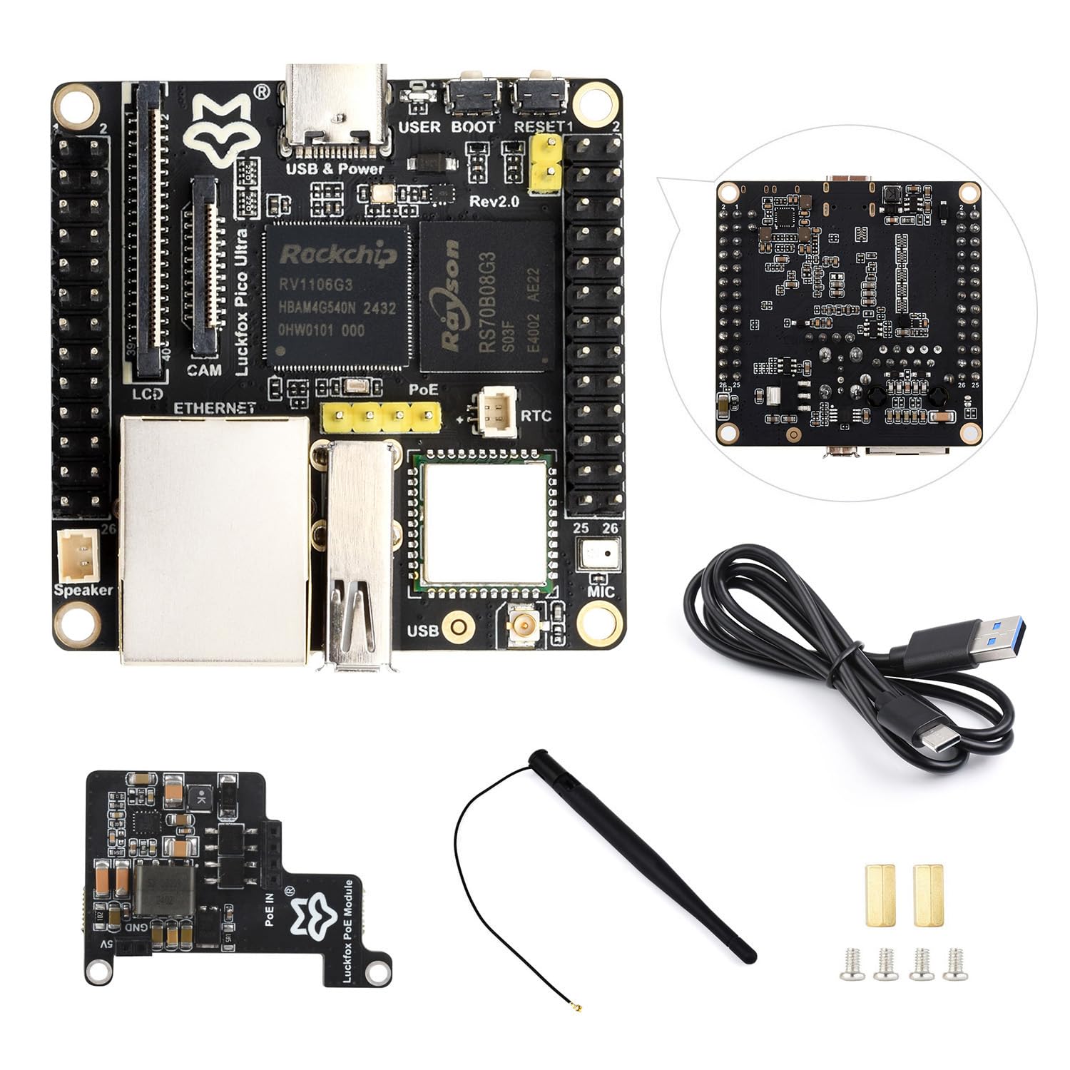 Waveshare Luckfox Pico Ultra RV1106 Linux Micro Development Board, Integrates ARM Cortex-A7/RISC-V MCU/NPU/ISP Processors, with 8GB EMMC, with PoE