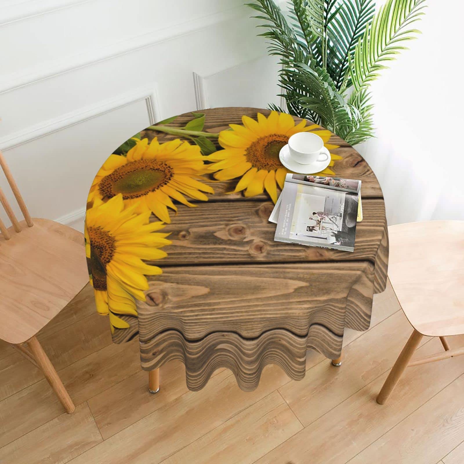 Lawenp Three Sunflowers On Wooden Decorative Round Table Cloths - 60 Inches in Diameter for Buffet Tables, Parties, Holiday Dinners.
