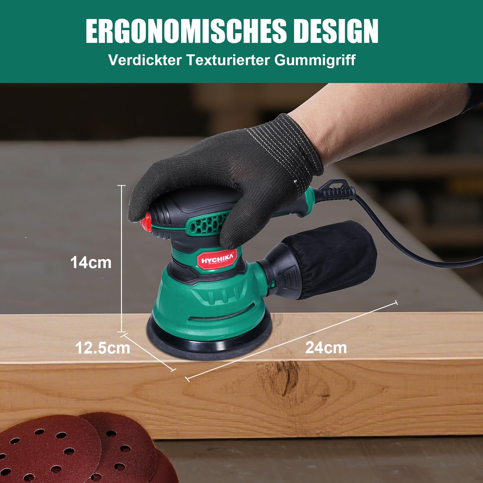 HYCHIKA Exzenterschleifer, 300W 12000OPM Exenterschleifmaschine, 6 Geschwindigkeiten, Compact Exzenterschleifer 125mm, mit 16 Stück Schleifpapier, zum Schleifen, Polieren von Holz und DIY