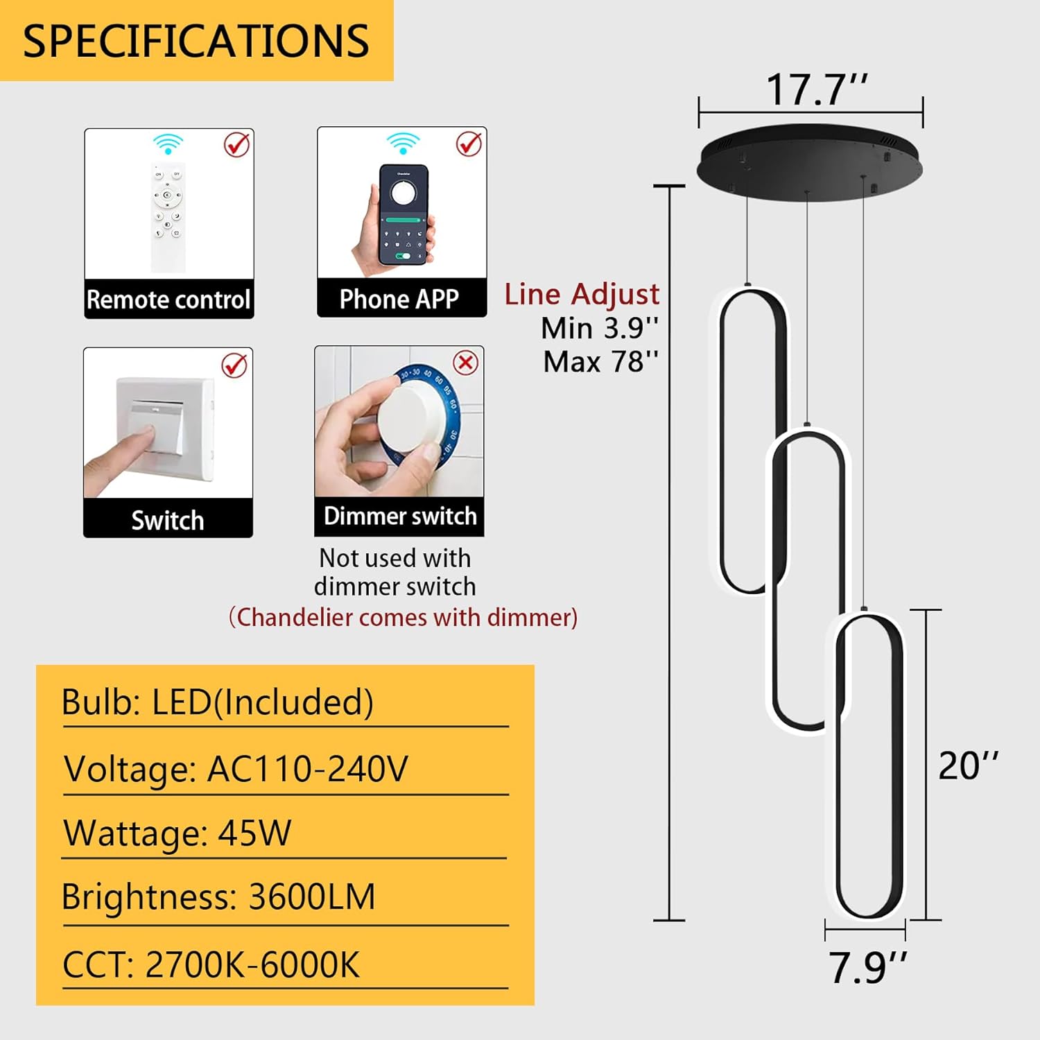 3 rings 78‘’ modern chandelier glam chandelier led dimmable for living room kitchen island dining room ceiling chandeliers black black 3 ring 20''