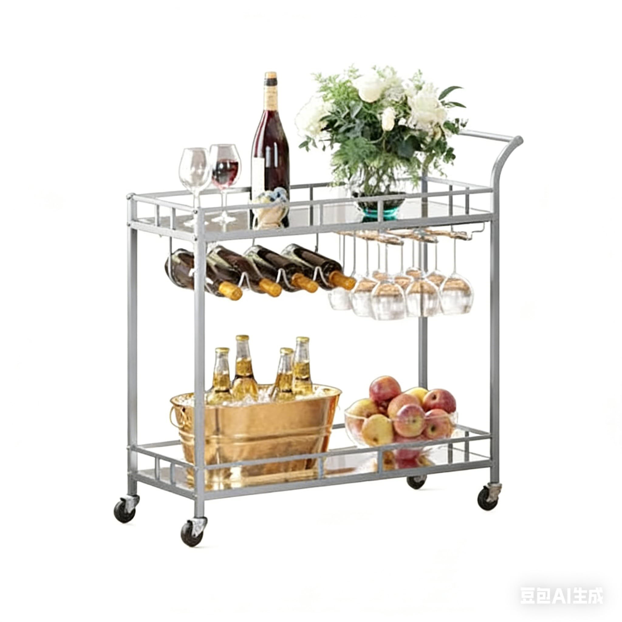 Garvee Carro de Bar rodante de 2 Niveles con estantes espejados – Porta Copas y Botellas – Compacto y portátil para Comedor, Cocina o Sala – Plata+Espejo, 4 Botellas, 3 Filas Copas, 34x15x35