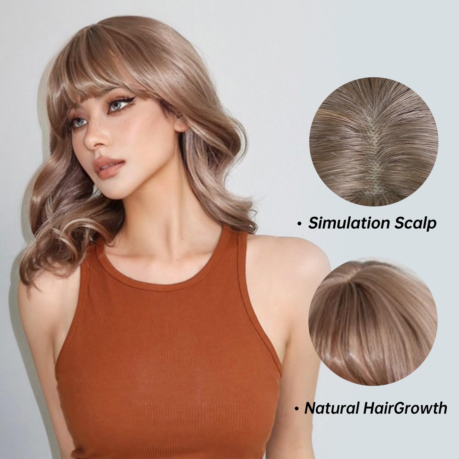 Peruki z koronką falową Popielaty blond peruka syntetyczna z naturalnymi falami dla kobiet Codzienny Długość ramion Blond peruki z grzywką Włókno wysokotemperaturowe Peruki z naturalnych włosów syntet