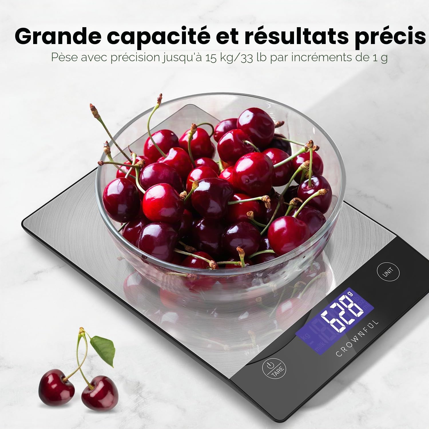 CROWNFUL Balance de cuisine rechargeable 15 kg, poids en grammes et onces pâtisserie et cuisine, chargement C, écran LCD, acier inoxydable 304