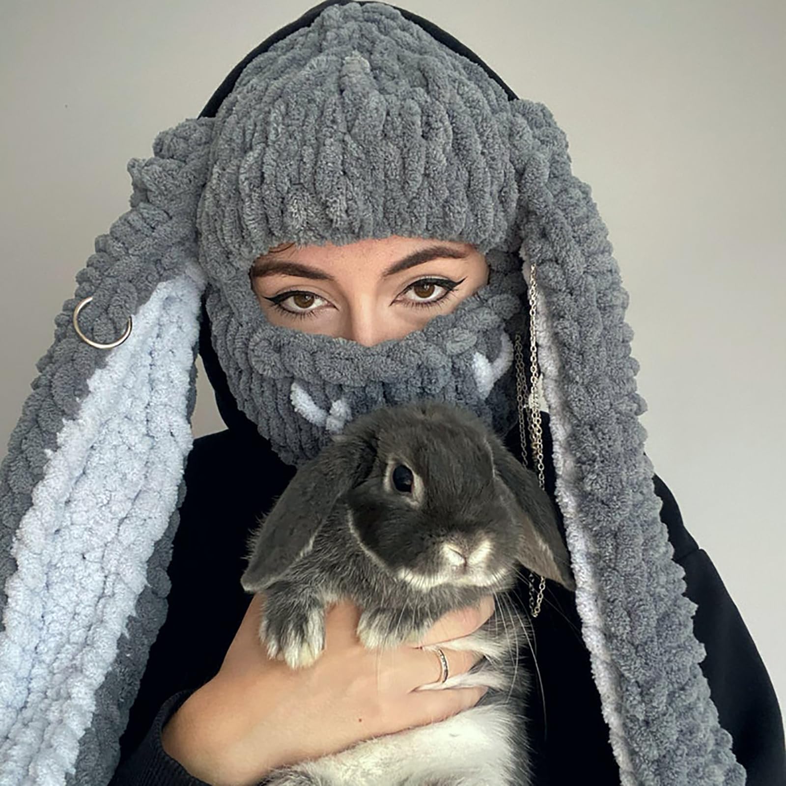 Women\'s Black Grey Bunny Hat Knit Plush Long Ears Fluffy Cosplay Party Hat Easter Bunny Hat Ear Funny Plush Hood Women Costume Rabbit  main image 4